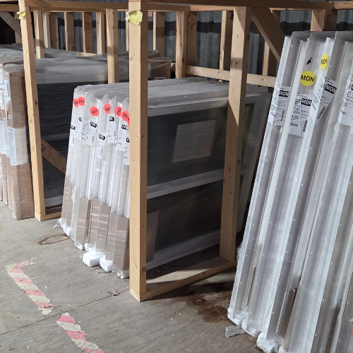 Crates of neatly stacked, packaged windows rest on a wooden rack in a warehouse. Labels are visible, and marked lines guide placement on the floor.