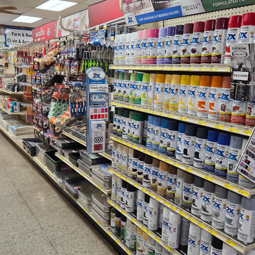 A store aisle with shelves filled with colorful spray paint cans and painting accessories. The atmosphere is vibrant and organized, showcasing a variety of DIY supplies.