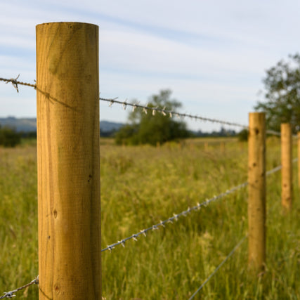 FencingWooden posts with barbed wire fence a grassy field under a clear blue sky. Trees and distant hills create a serene, rural landscape atmosphere.